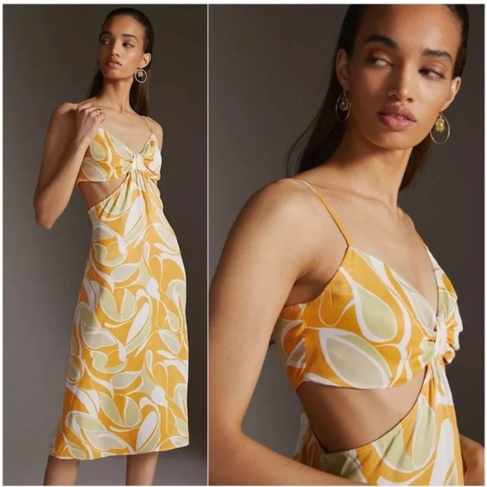 Nwot Anthropologie cut out printed slip dress midi yellow